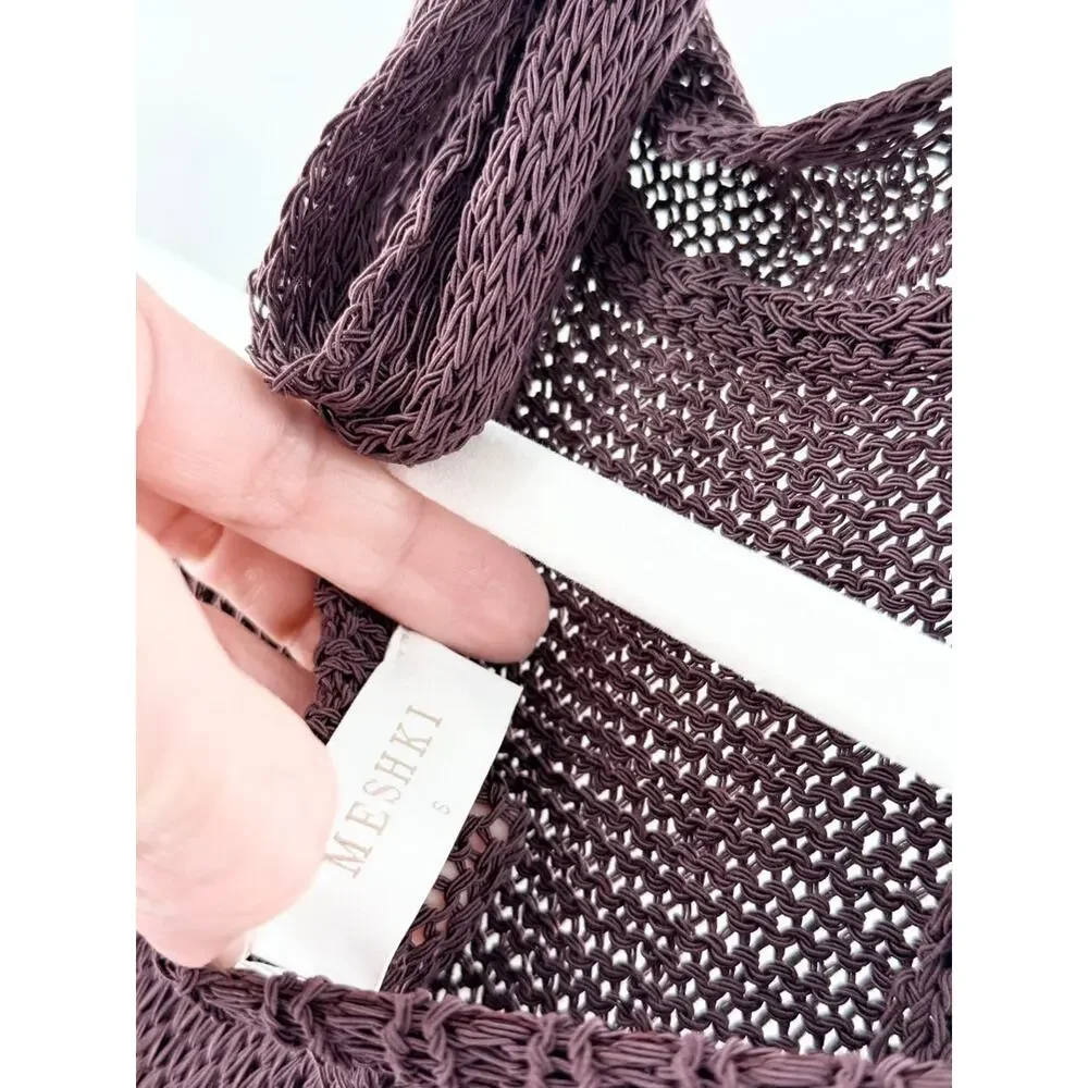 Meshki Reece Halter Neck Open Back Sheer Knit Maxi Dress Chocolate Woemn's Small - Picture 6 of 7